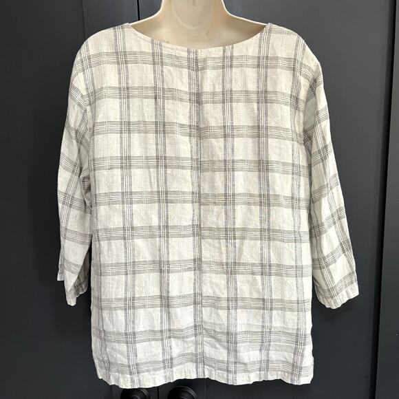 Kleen 100% Linen 3/4 Sleeve Plaid Top Boxy Cut High Low Minimalist Womens M - Picture 6 of 9